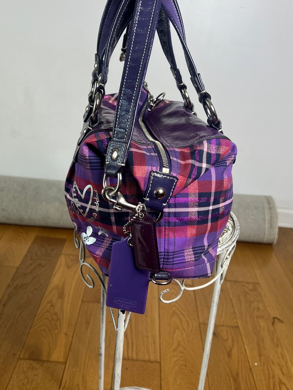 Coach Purple Plaid Satchel with Pink Accents - Picture 7 of 10